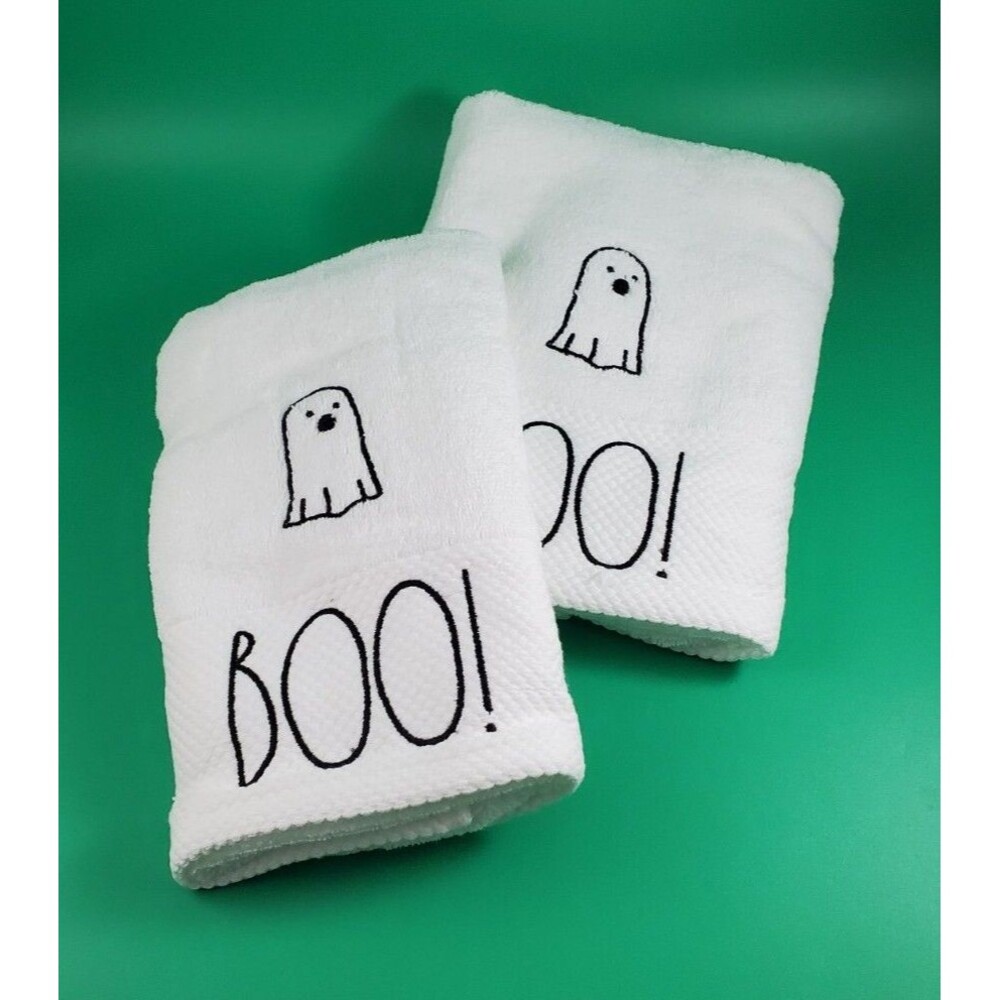 Rae Dunn by Magenta “Boo” White cute Ghost Halloween Hand Towels Set of 2 16x30